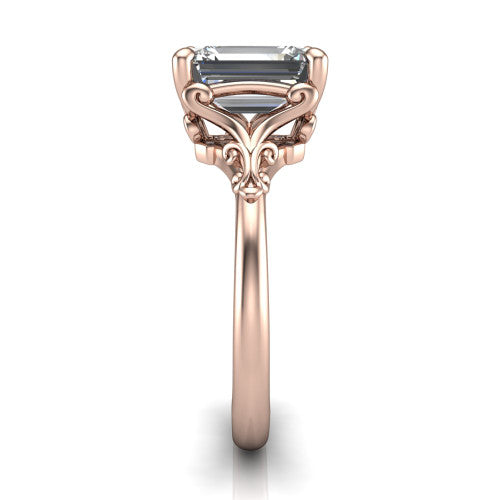 Dorothy emerald vintage solitaire engagement ring in 14K Rose Gold, side profile showing the vintage filigree scrollwork, milgrain detail, and plain band in profile