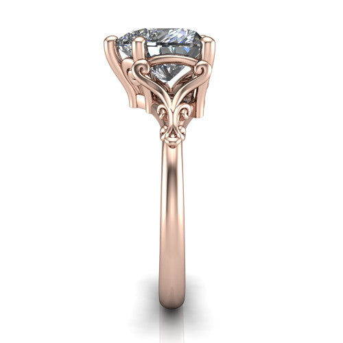 Dorothy heart vintage solitaire engagement ring in 14K Rose Gold, side profile showing the vintage filigree scrollwork, milgrain detail, and plain band in profile