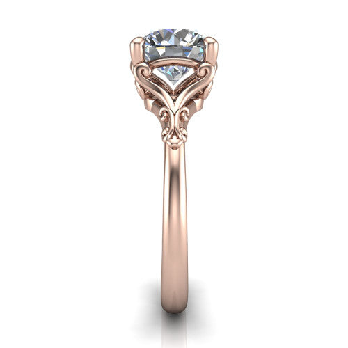 Dorothy round vintage solitaire engagement ring in 14K Rose Gold, side profile showing the vintage filigree scrollwork, milgrain detail, and plain band in profile