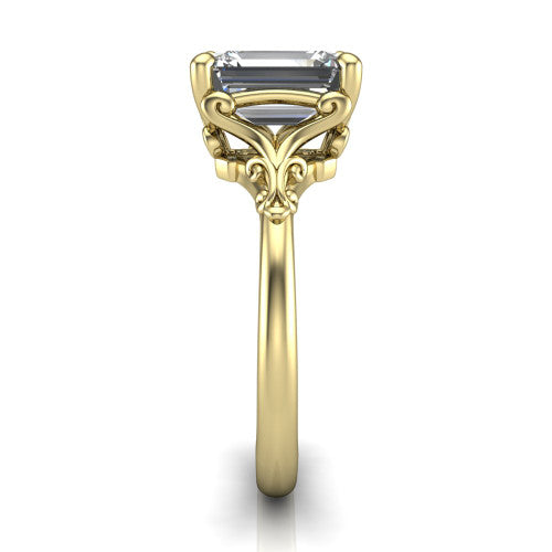 Dorothy emerald vintage solitaire engagement ring in 18K Yellow Gold, side profile showing the vintage filigree scrollwork, milgrain detail, and plain band in profile