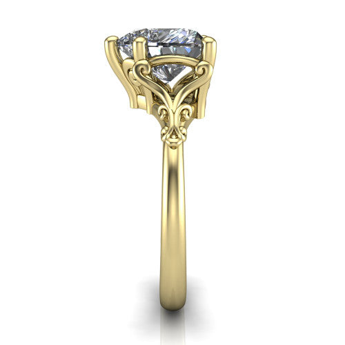 Dorothy heart vintage solitaire engagement ring in 18K Yellow Gold, side profile showing the vintage filigree scrollwork, milgrain detail, and plain band in profile