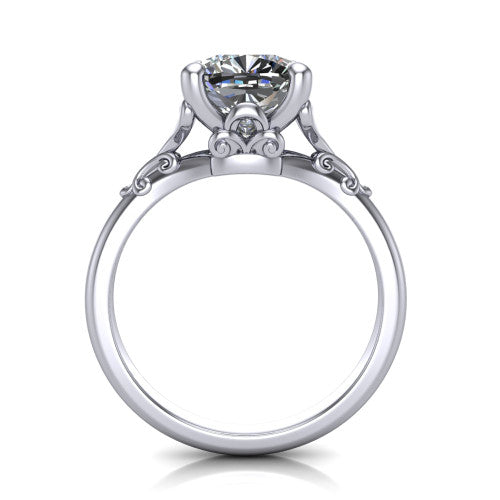 Dorothy cushion vintage solitaire engagement ring in Platinum, through-finger front profile showing the filigree gallery beneath the cushion center