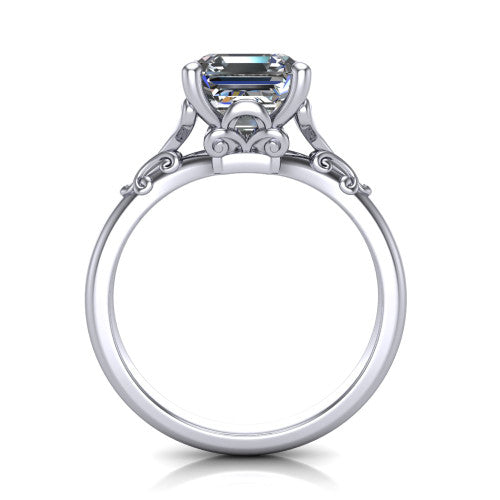 Dorothy square emerald vintage solitaire engagement ring in 18K White Gold, through-finger front profile showing the filigree gallery beneath the square emerald center