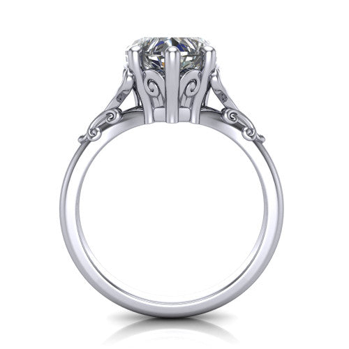Dorothy heart vintage solitaire engagement ring in Platinum, through-finger front profile showing the filigree gallery beneath the heart center