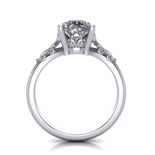 Dorothy pear vintage solitaire engagement ring in 14K White Gold, through-finger front profile showing the filigree gallery beneath the pear center