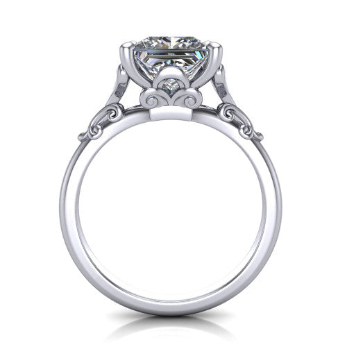Dorothy princess vintage solitaire engagement ring in Platinum, through-finger front profile showing the filigree gallery beneath the princess center