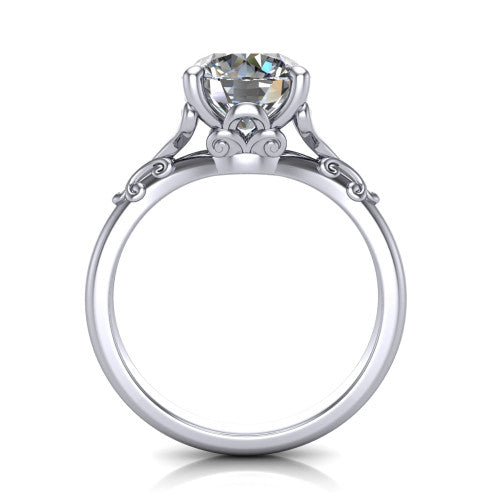 Dorothy round vintage solitaire engagement ring in Platinum, through-finger front profile showing the filigree gallery beneath the round center