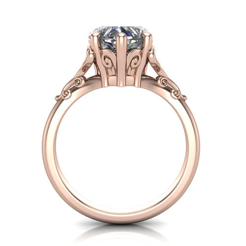 Dorothy heart vintage solitaire engagement ring in 14K Rose Gold, through-finger front profile showing the filigree gallery beneath the heart center