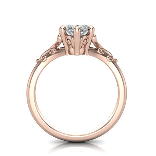 Dorothy marquise vintage solitaire engagement ring in 18K Rose Gold, through-finger front profile showing the filigree gallery beneath the marquise center