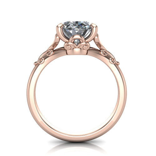 Dorothy oval vintage solitaire engagement ring in 14K Rose Gold, through-finger front profile showing the filigree gallery beneath the oval center