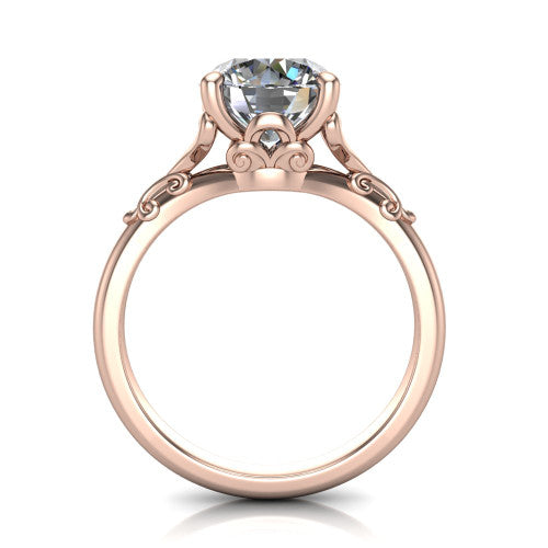 Dorothy round vintage solitaire engagement ring in 18K Rose Gold, through-finger front profile showing the filigree gallery beneath the round center