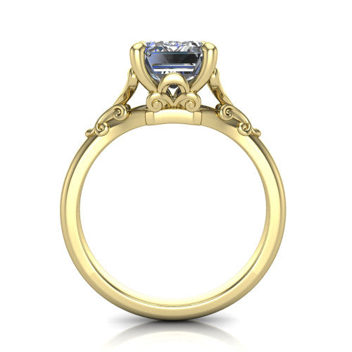 Dorothy emerald vintage solitaire engagement ring in 14K Yellow Gold, through-finger front profile showing the filigree gallery beneath the emerald center