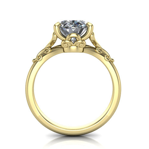 Dorothy oval vintage solitaire engagement ring in 18K Yellow Gold, through-finger front profile showing the filigree gallery beneath the oval center