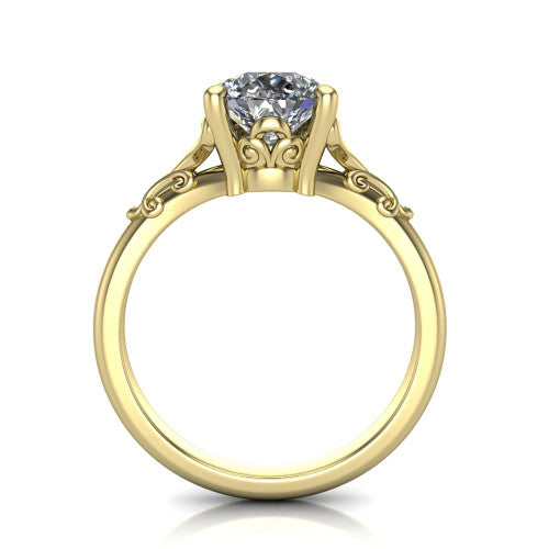 Dorothy pear vintage solitaire engagement ring in 14K Yellow Gold, through-finger front profile showing the filigree gallery beneath the pear center
