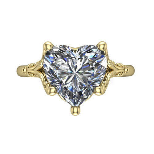 Dorothy heart vintage solitaire engagement ring in 18K Yellow Gold, top-down view showing the heart solitaire center and the filigree scrollwork flanking the head