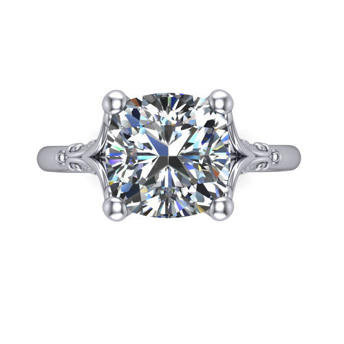 Dorothy cushion vintage solitaire engagement ring in 18K White Gold, top-down view showing the cushion solitaire center and the filigree scrollwork flanking the head