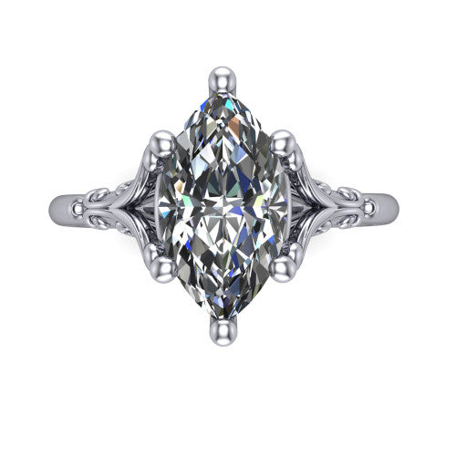 Dorothy marquise vintage solitaire engagement ring in 14K White Gold, top-down view showing the marquise solitaire center and the filigree scrollwork flanking the head