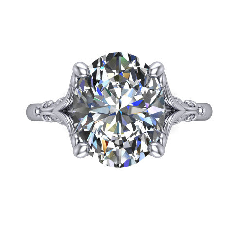 Dorothy oval vintage solitaire engagement ring in 14K White Gold, top-down view showing the oval solitaire center and the filigree scrollwork flanking the head