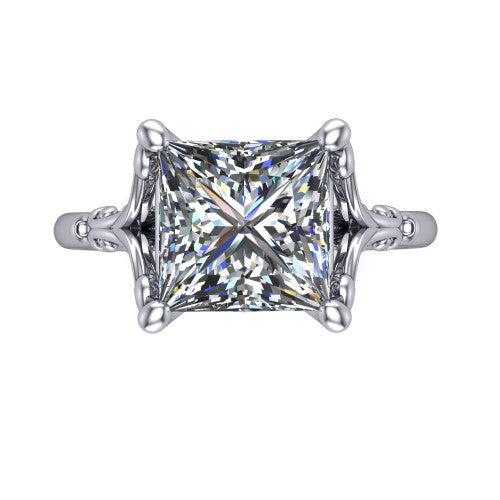 Dorothy princess vintage solitaire engagement ring in 14K White Gold, top-down view showing the princess solitaire center and the filigree scrollwork flanking the head