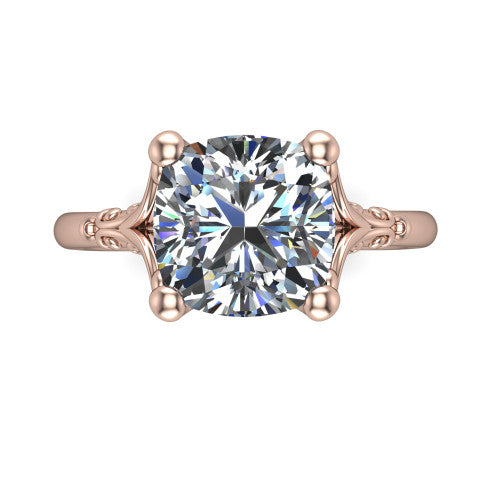 Dorothy cushion vintage solitaire engagement ring in 14K Rose Gold, top-down view showing the cushion solitaire center and the filigree scrollwork flanking the head