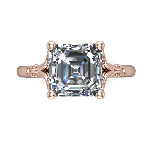 Dorothy square emerald vintage solitaire engagement ring in 18K Rose Gold, top-down view showing the square emerald solitaire center and the filigree scrollwork flanking the head