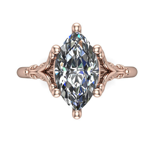 Dorothy marquise vintage solitaire engagement ring in 18K Rose Gold, top-down view showing the marquise solitaire center and the filigree scrollwork flanking the head