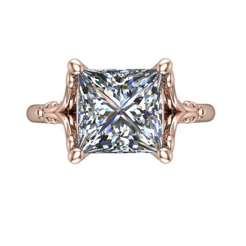 Dorothy princess vintage solitaire engagement ring in 14K Rose Gold, top-down view showing the princess solitaire center and the filigree scrollwork flanking the head