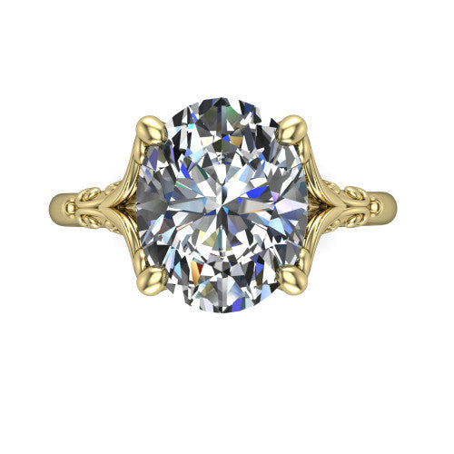 Dorothy oval vintage solitaire engagement ring in 18K Yellow Gold, top-down view showing the oval solitaire center and the filigree scrollwork flanking the head