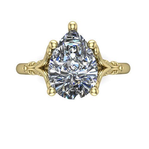 Dorothy pear vintage solitaire engagement ring in 14K Yellow Gold, top-down view showing the pear solitaire center and the filigree scrollwork flanking the head