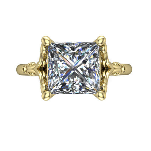 Dorothy princess vintage solitaire engagement ring in 18K Yellow Gold, top-down view showing the princess solitaire center and the filigree scrollwork flanking the head
