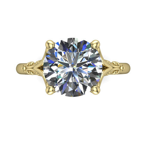 Dorothy round vintage solitaire engagement ring in 14K Yellow Gold, top-down view showing the round solitaire center and the filigree scrollwork flanking the head