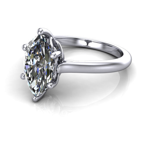 Margaret marquise classic solitaire engagement ring in Platinum, three-quarter perspective showing the marquise center on claw prongs above a plain polished band