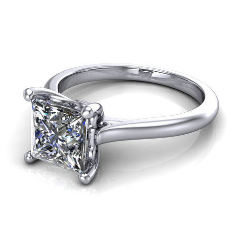 Margaret princess classic solitaire engagement ring in 14K White Gold, three-quarter perspective showing the princess center on claw prongs above a plain polished band