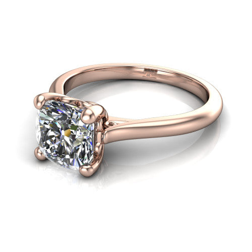 Margaret cushion classic solitaire engagement ring in 14K Rose Gold, three-quarter perspective showing the cushion center on claw prongs above a plain polished band