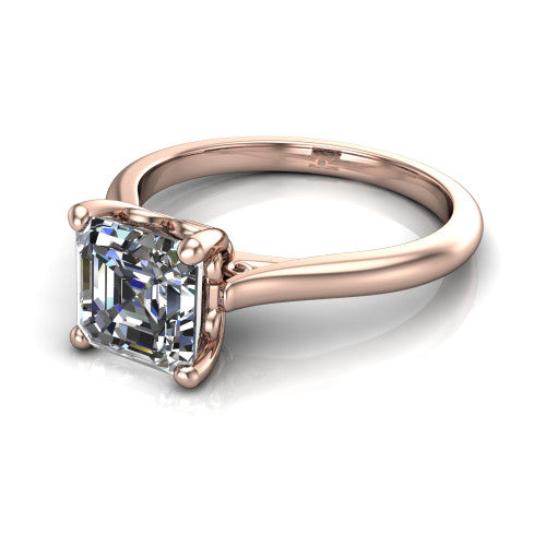 Margaret square emerald classic solitaire engagement ring in 14K Rose Gold, three-quarter perspective showing the square emerald center on claw prongs above a plain polished band
