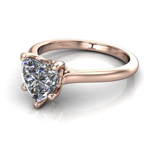 Margaret heart classic solitaire engagement ring in 14K Rose Gold, three-quarter perspective showing the heart center on claw prongs above a plain polished band