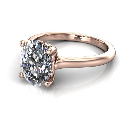 Margaret oval classic solitaire engagement ring in 14K Rose Gold, three-quarter perspective showing the oval center on claw prongs above a plain polished band