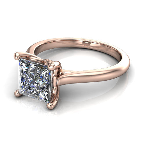 Margaret princess classic solitaire engagement ring in 14K Rose Gold, three-quarter perspective showing the princess center on claw prongs above a plain polished band
