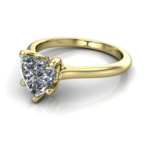 Margaret heart classic solitaire engagement ring in 14K Yellow Gold, three-quarter perspective showing the heart center on claw prongs above a plain polished band