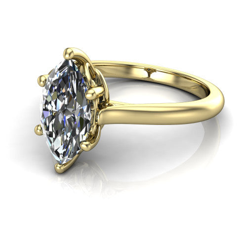 Margaret marquise classic solitaire engagement ring in 14K Yellow Gold, three-quarter perspective showing the marquise center on claw prongs above a plain polished band