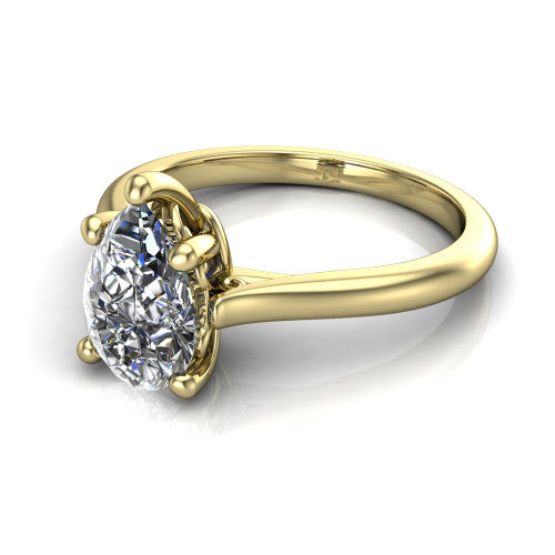 Margaret pear classic solitaire engagement ring in 14K Yellow Gold, three-quarter perspective showing the pear center on claw prongs above a plain polished band