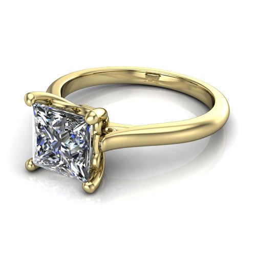 Margaret princess classic solitaire engagement ring in 14K Yellow Gold, three-quarter perspective showing the princess center on claw prongs above a plain polished band