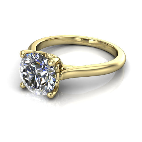 Margaret round classic solitaire engagement ring in 14K Yellow Gold, three-quarter perspective showing the round center on claw prongs above a plain polished band