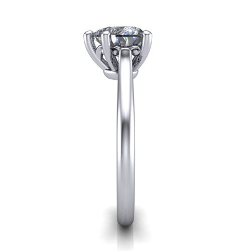 Margaret heart classic solitaire engagement ring in 14K White Gold, side profile showing the plain polished band and the openwork filigree gallery in profile