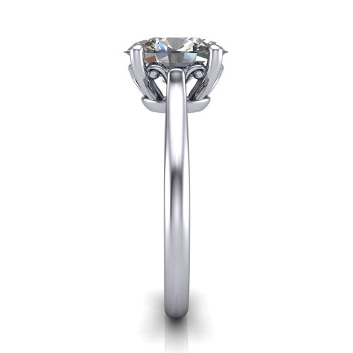 Margaret oval classic solitaire engagement ring in 18K White Gold, side profile showing the plain polished band and the openwork filigree gallery in profile
