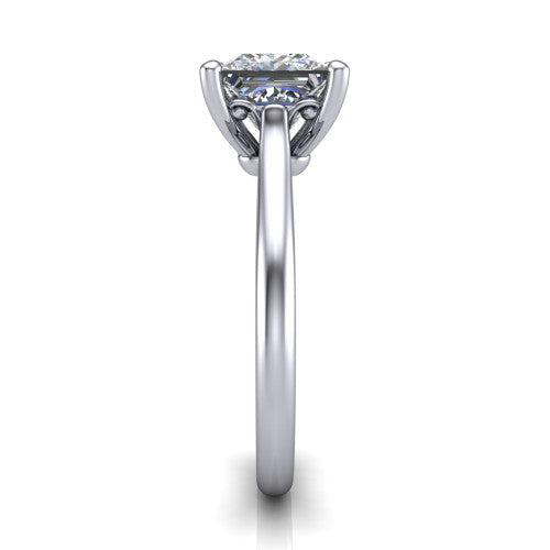 Margaret princess classic solitaire engagement ring in 18K White Gold, side profile showing the plain polished band and the openwork filigree gallery in profile