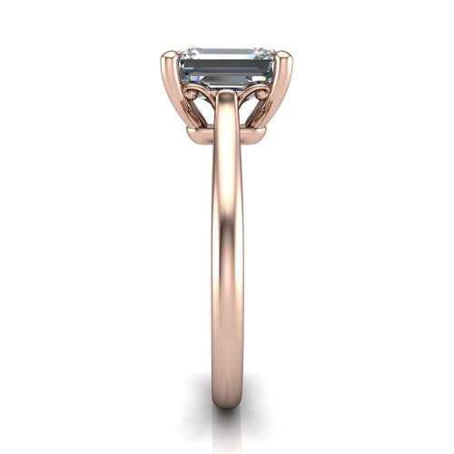 Margaret emerald classic solitaire engagement ring in 18K Rose Gold, side profile showing the plain polished band and the openwork filigree gallery in profile