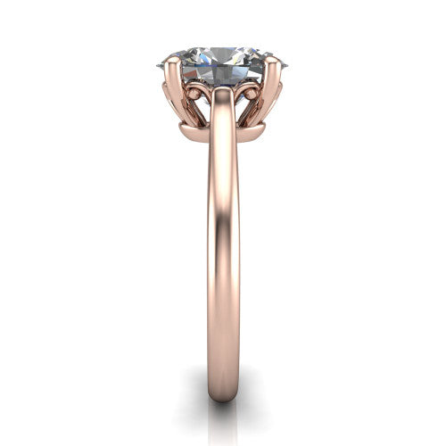 Margaret oval classic solitaire engagement ring in 18K Rose Gold, side profile showing the plain polished band and the openwork filigree gallery in profile