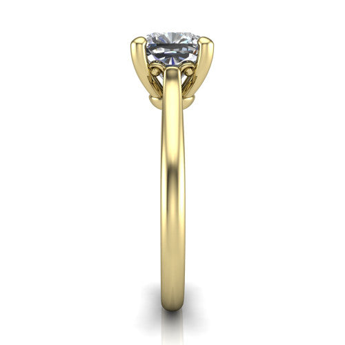 Margaret cushion classic solitaire engagement ring in 14K Yellow Gold, side profile showing the plain polished band and the openwork filigree gallery in profile