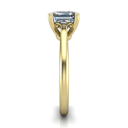 Margaret square emerald classic solitaire engagement ring in 18K Yellow Gold, side profile showing the plain polished band and the openwork filigree gallery in profile